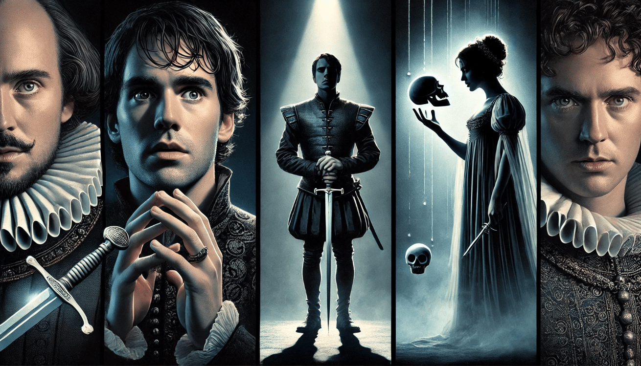 A dramatic triptych of Shakespearean soliloquies. Left: Hamlet, illuminated by a spotlight, holds a skull and looks at it with somber reflection
