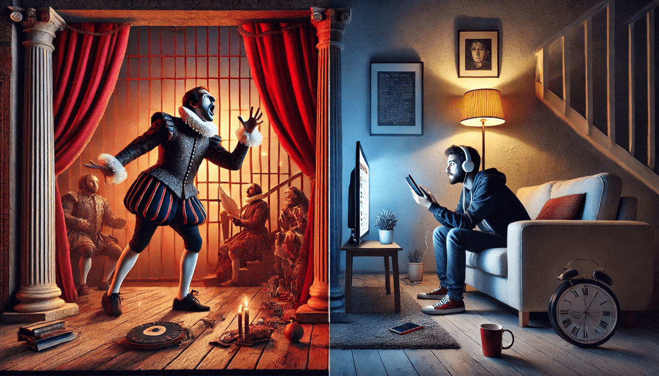 Left side: A Shakespearean actor in elaborate Elizabethan costume performs a soliloquy on a dark stage with red velvet curtains and classical columns, lit by dramatic spotlight. Right side: A modern person sits in a cozy living room, casually dressed, watching a TV drama on a tablet with visible subtitles