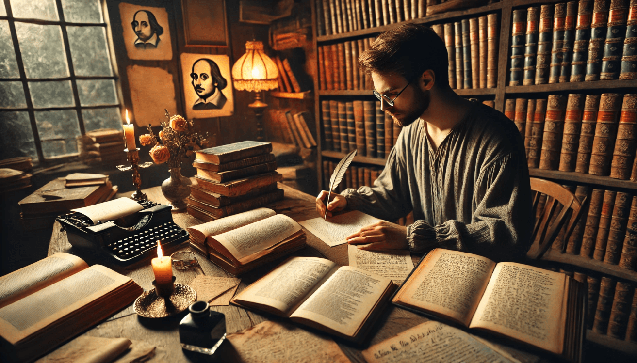 scholar sits at a wooden desk, intently reading an open Shakespeare book surrounded by scattered handwritten notes and aged texts. 