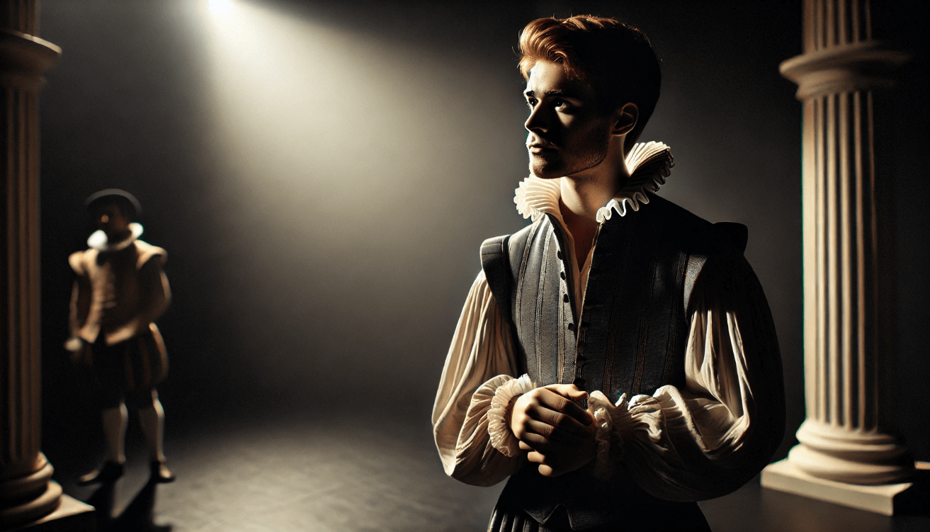 A young man dressed in Renaissance-era clothing, including a dark doublet and white ruffled collar, stands alone on a dimly lit theater stage.