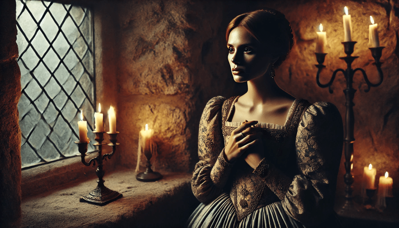 A close-up of a woman in regal yet slightly disheveled historical attire, standing beside a candle-lit window in a stone chamber