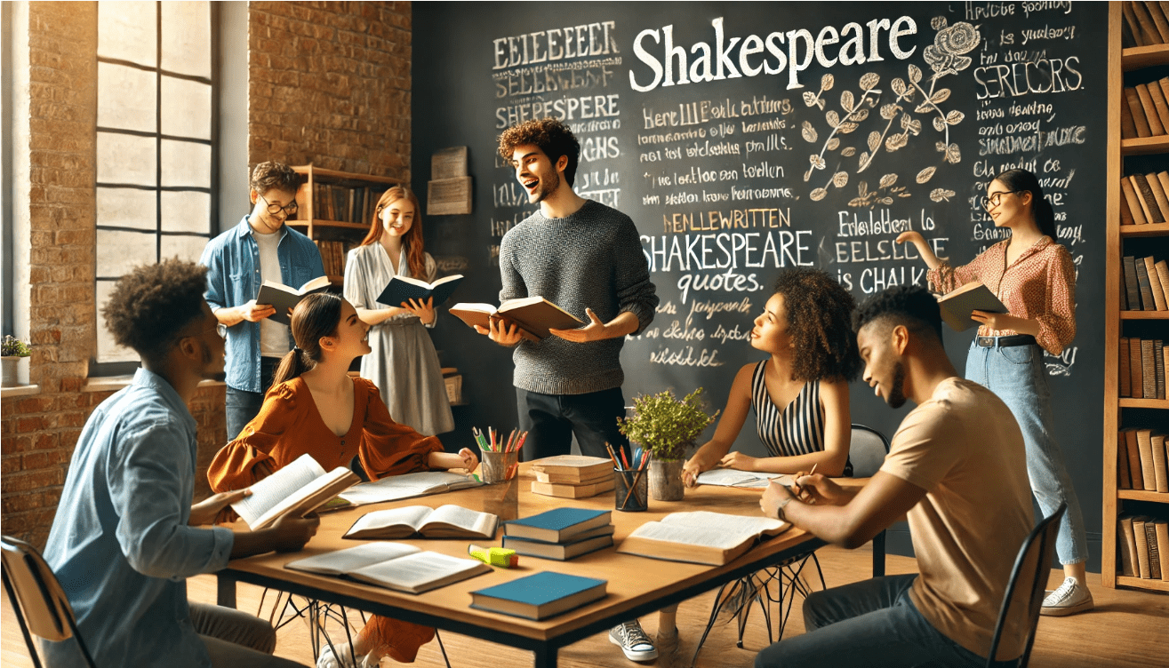 A lively modern classroom with a diverse group of students gathered around a table filled with books, highlighters, and notes