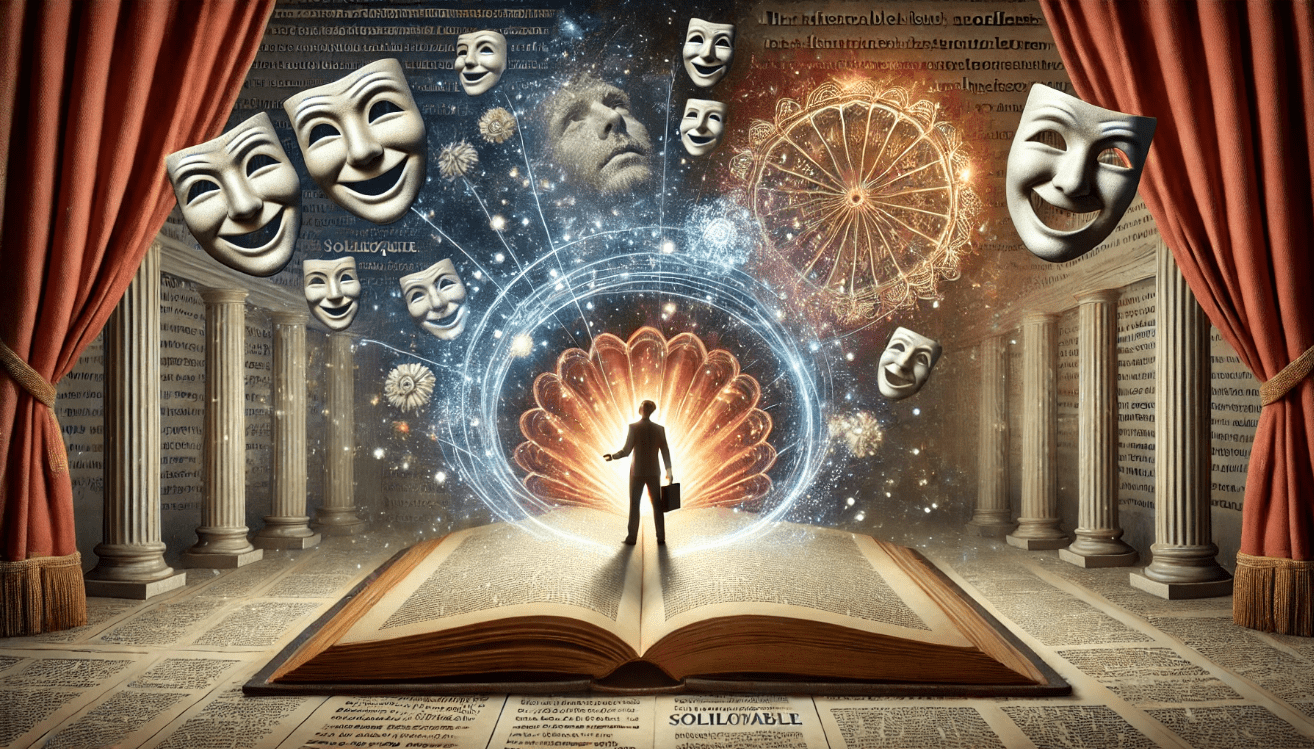 A symbolic scene featuring a person standing inside an enormous open book, surrounded by swirling text and light that represent thoughts