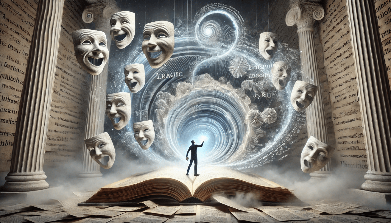 A surreal scene of a character standing mid-speech inside a massive open book, with pages rising like walls. Swirling, glowing text and soft light spiral around them, representing their thoughts