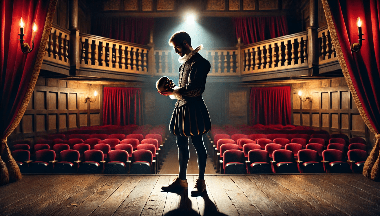 Shakespearean actor alone on a dimly lit stage, dressed in period costume and holding a skull.
