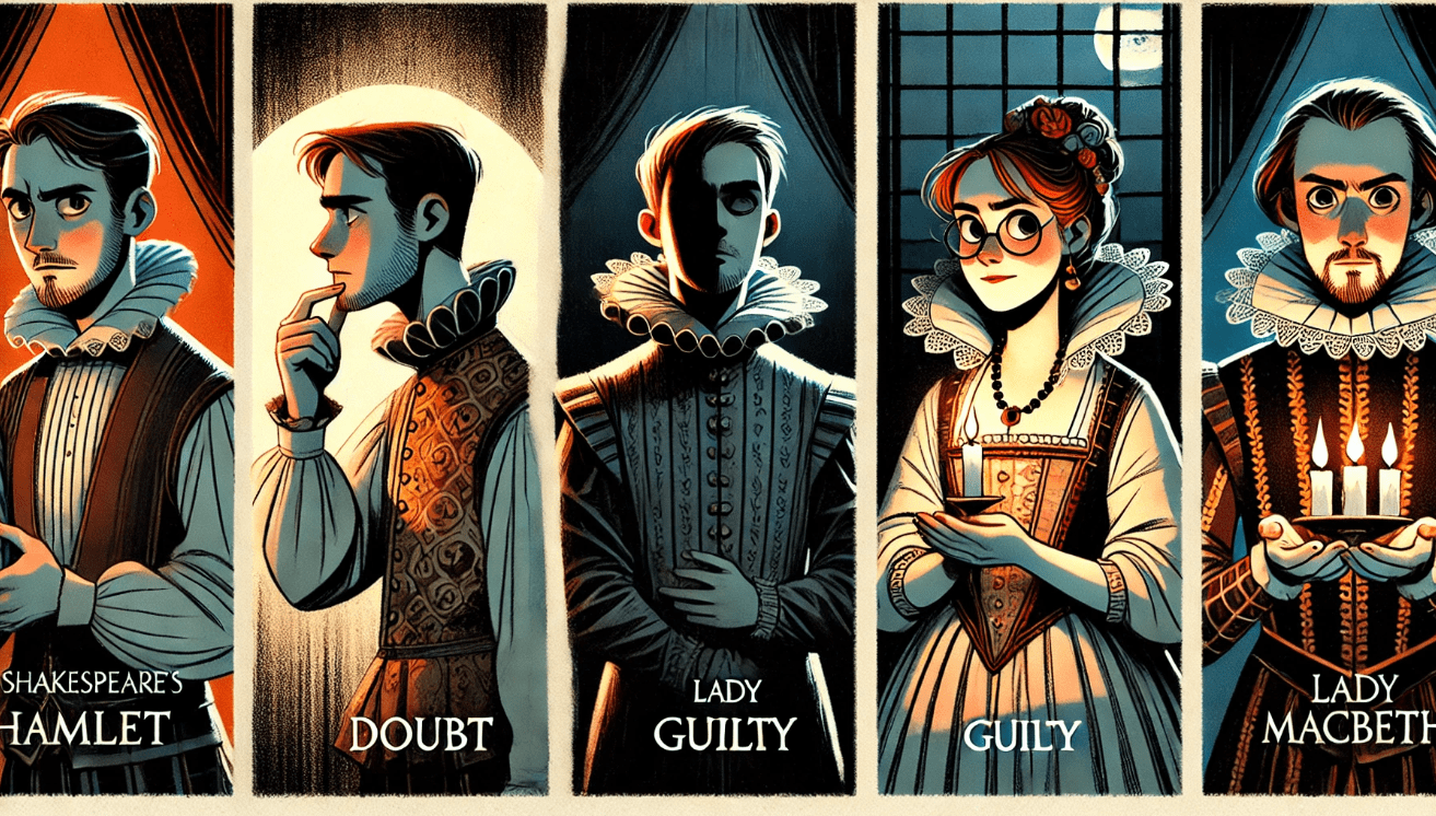 Split-panel illustration of three Shakespearean characters: one expressing doubt with a contemplative look (inspired by Hamlet)