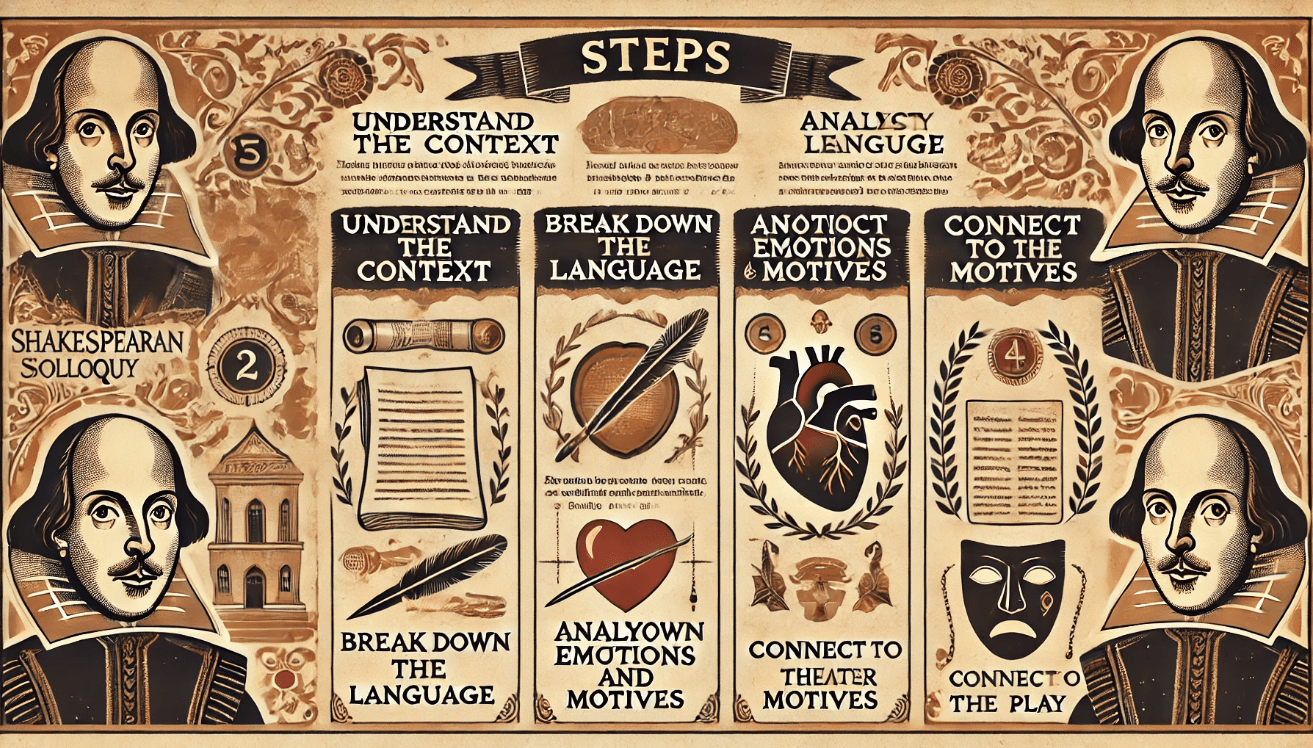 A parchment-themed educational infographic in landscape orientation (16:9), visually divided into four steps for analyzing a Shakespearean soliloquy