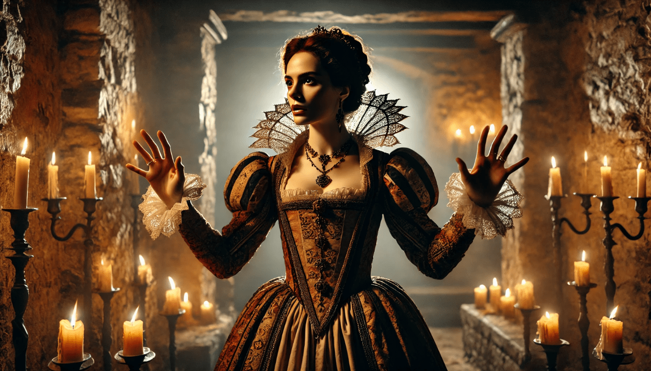 A female actor dressed in elaborate Elizabethan attire stands in a dramatic pose in a dimly lit stone chamber, portraying Lady Macbeth during her “Unsex me here” soliloquy