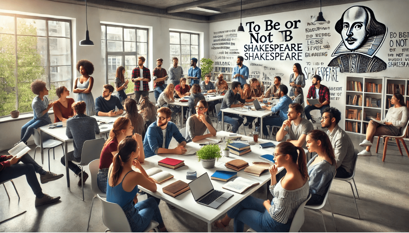 A diverse group of students sits around a table in a bright, modern classroom with large windows. Books, notebooks, and laptops are spread across the table as they engage in an animated discussion