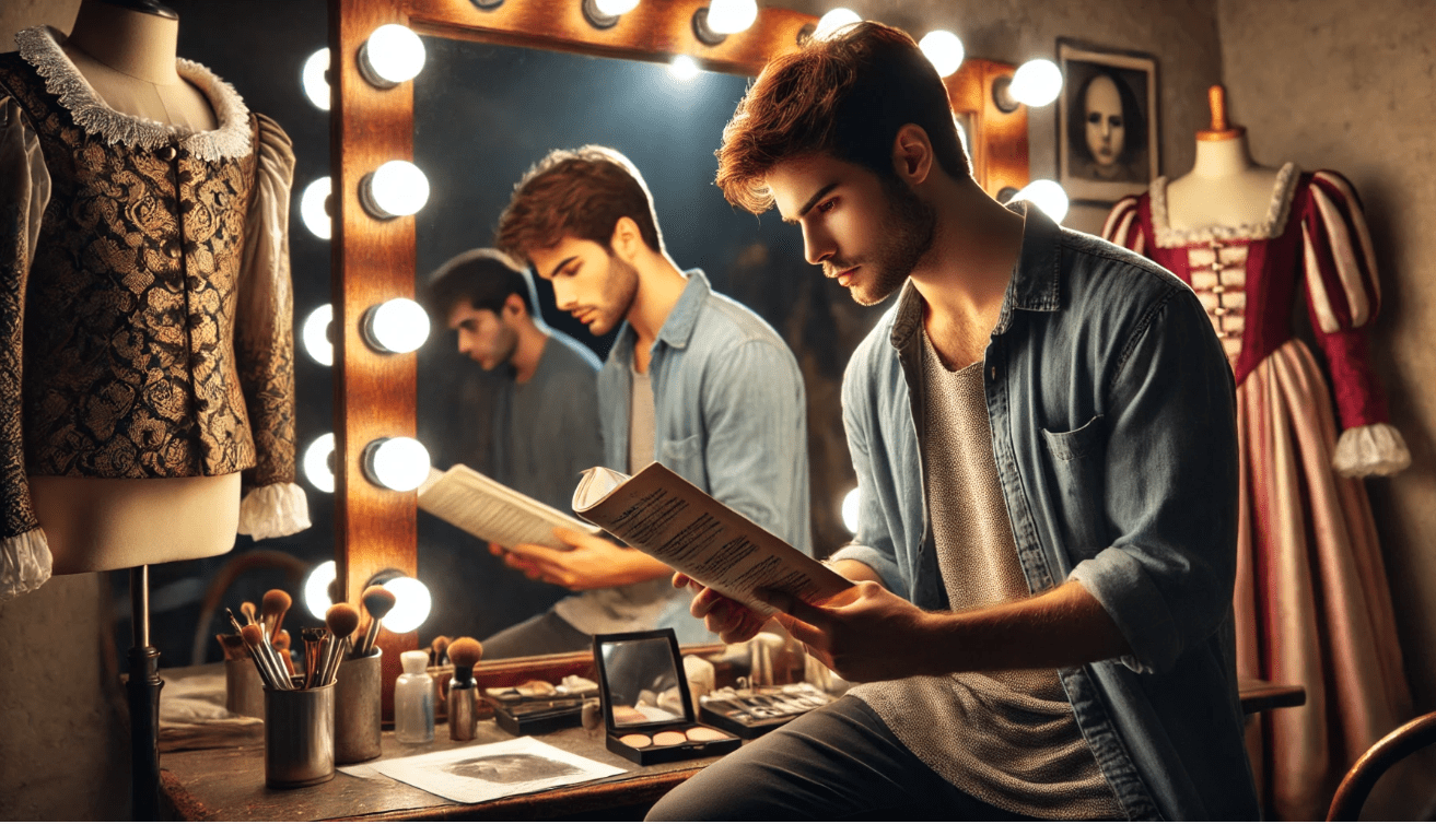 A young actor stands in front of a mirror in a warmly lit theater dressing room, rehearsing a Shakespearean soliloquy