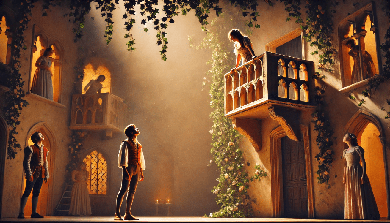 A theatrical stage scene from Romeo and Juliet, with Romeo standing below a balcony, gazing lovingly upward at Juliet.