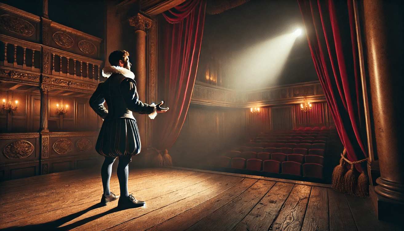 A lone actor in Elizabethan costume stands on a dimly lit wooden stage, illuminated by a single spotlight.