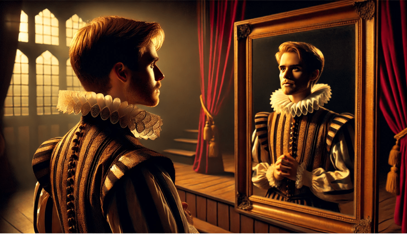 A Shakespearean character in Elizabethan costume stands before a mirror on a dimly lit stage.