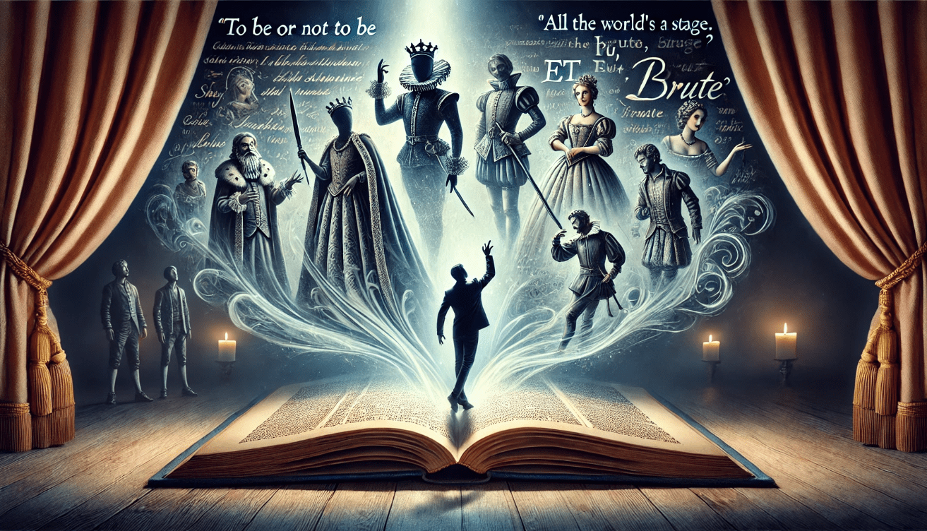 A surreal scene of an open book transforming into a grand theatre stage