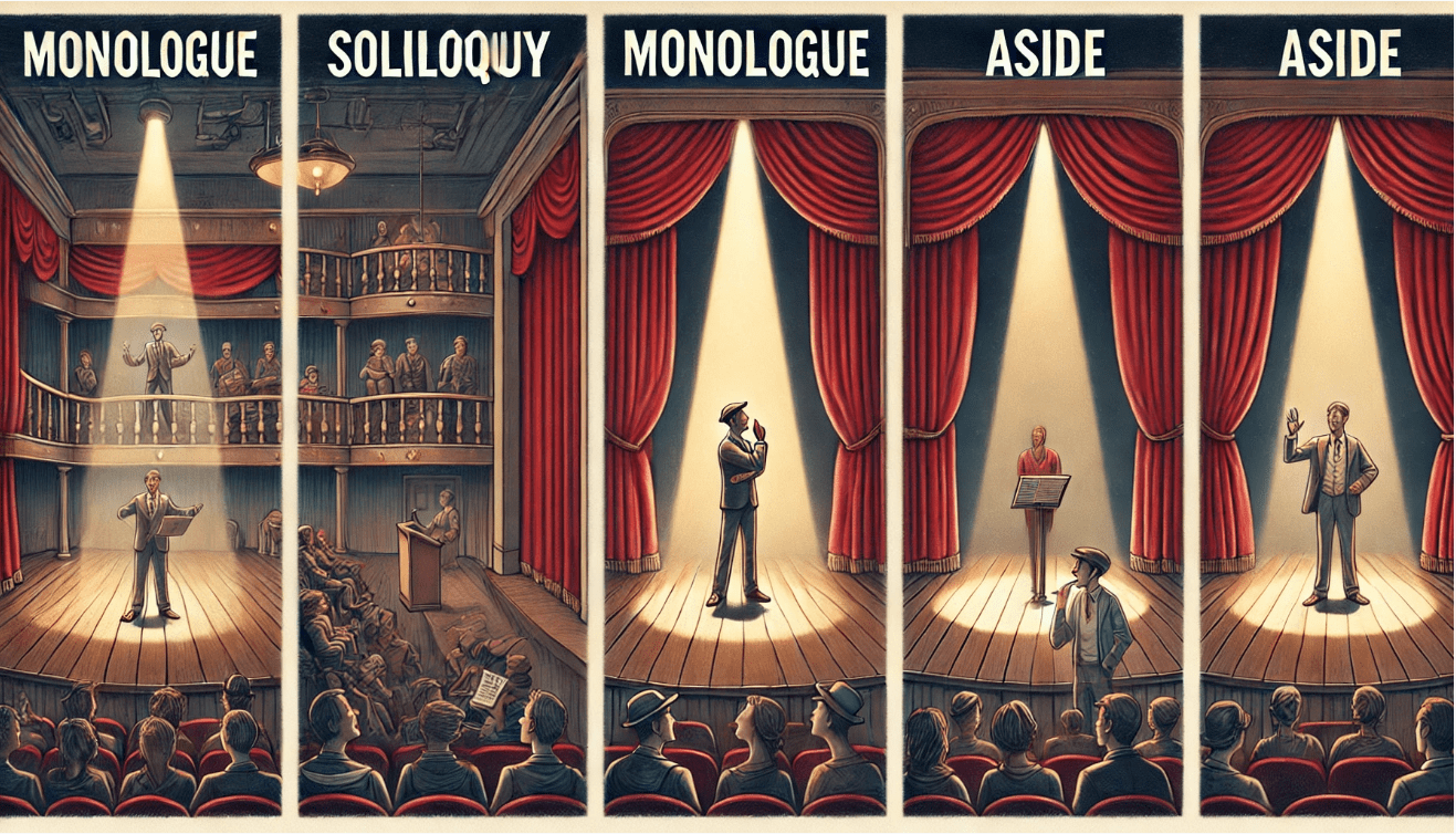A three-panel illustration on a traditional theater stage with red velvet curtains and wooden floorboards, in a widescreen