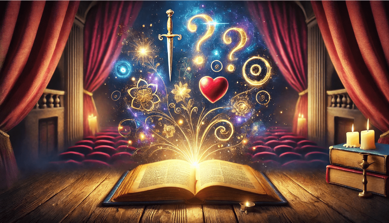 At the center, an open Shakespearean playbook rests on a wooden table or stage floor, its pages softly glowing with golden, magical text