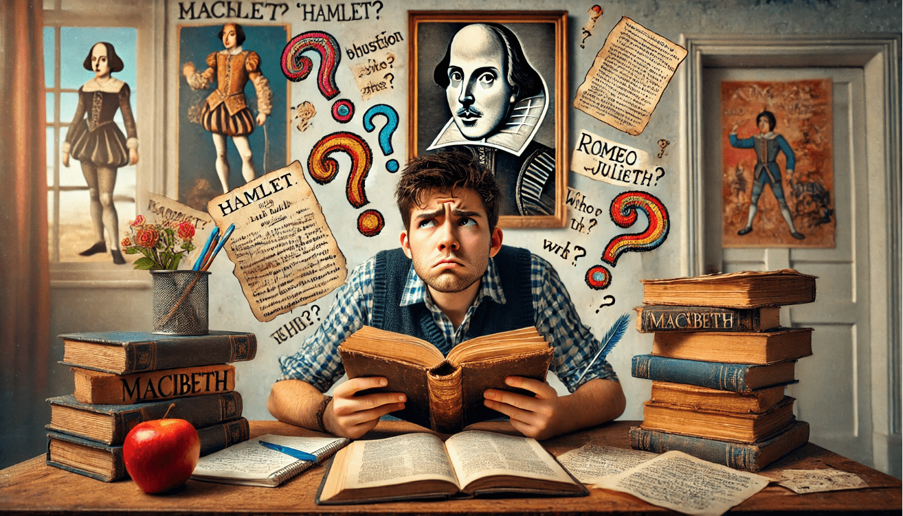 A confused student sits at a cluttered desk, staring intensely at a worn copy of a Shakespeare play