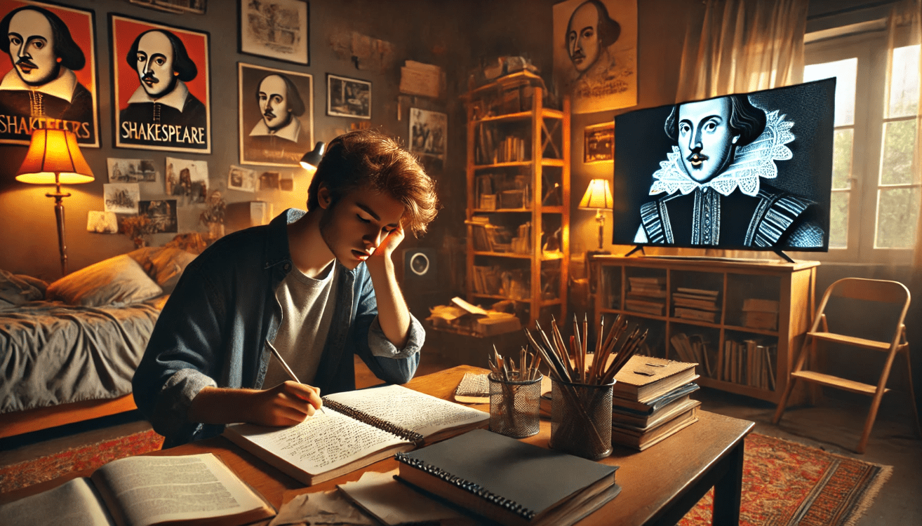 A creative teenager sits at a cozy desk, writing passionately in a notebook with an inspired expression