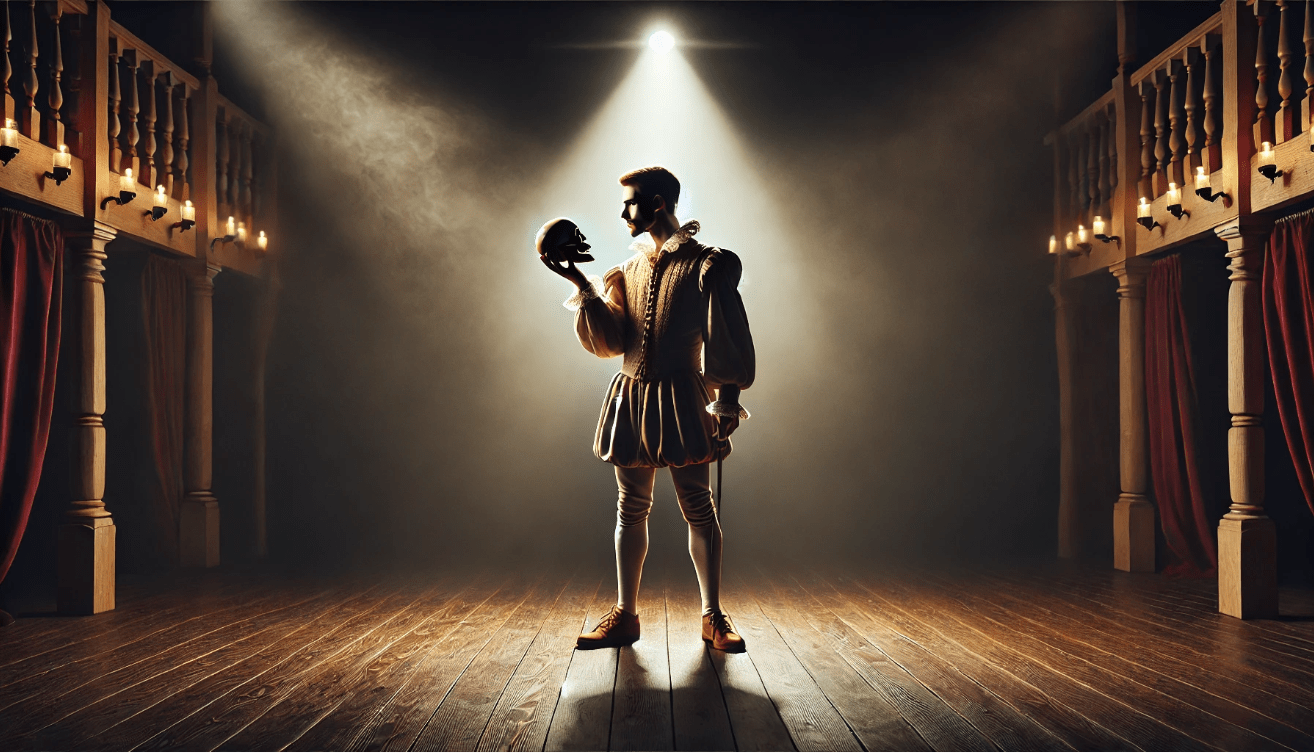Hamlet stands alone on a dimly lit wooden stage under a dramatic spotlight