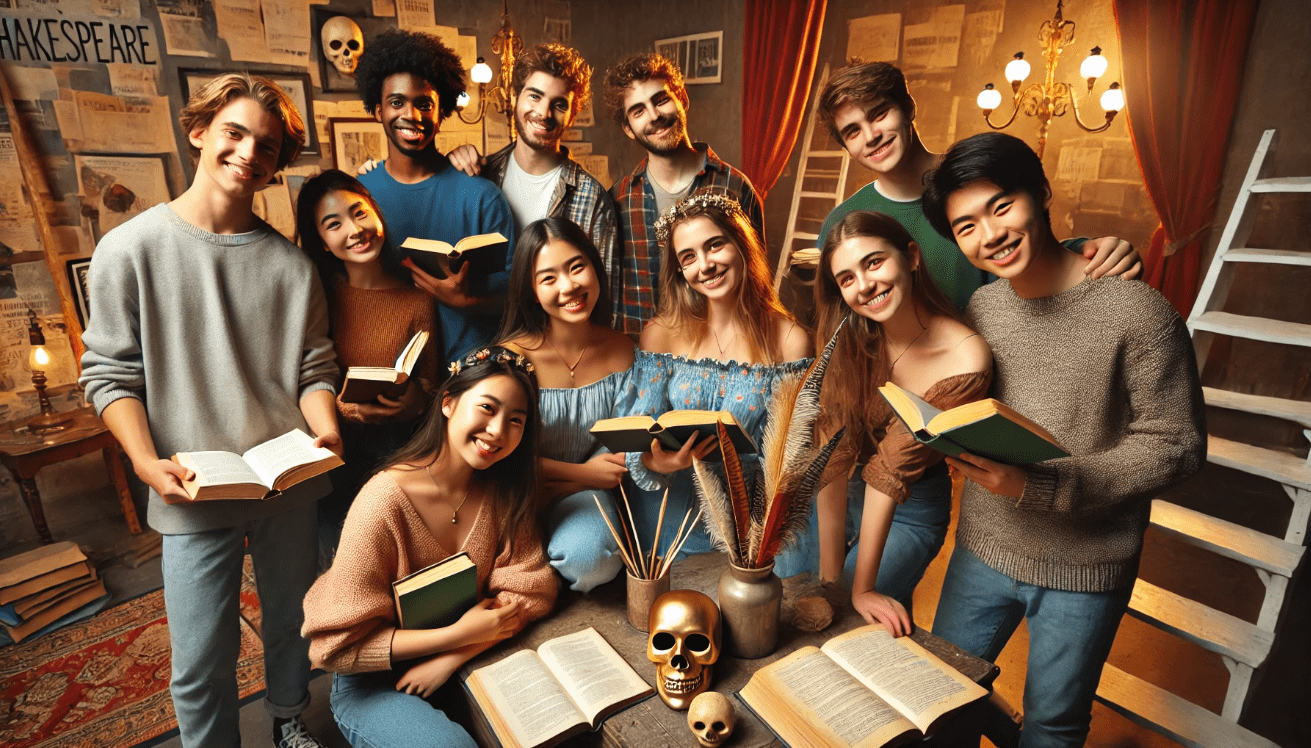 A diverse group of students smiling near a small theater stage, holding open Shakespeare books
