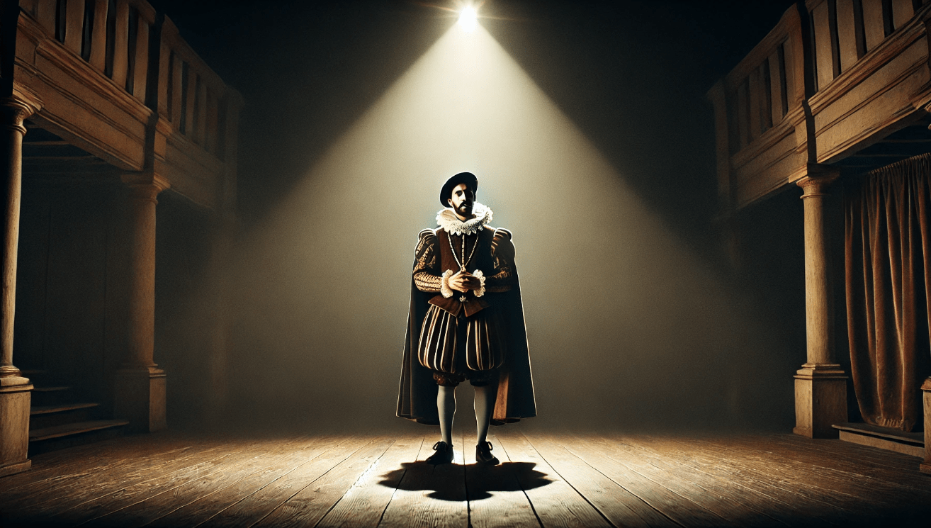A lone actor in an Elizabethan costume stands center stage under a bright spotlight on a dimly lit wooden stage