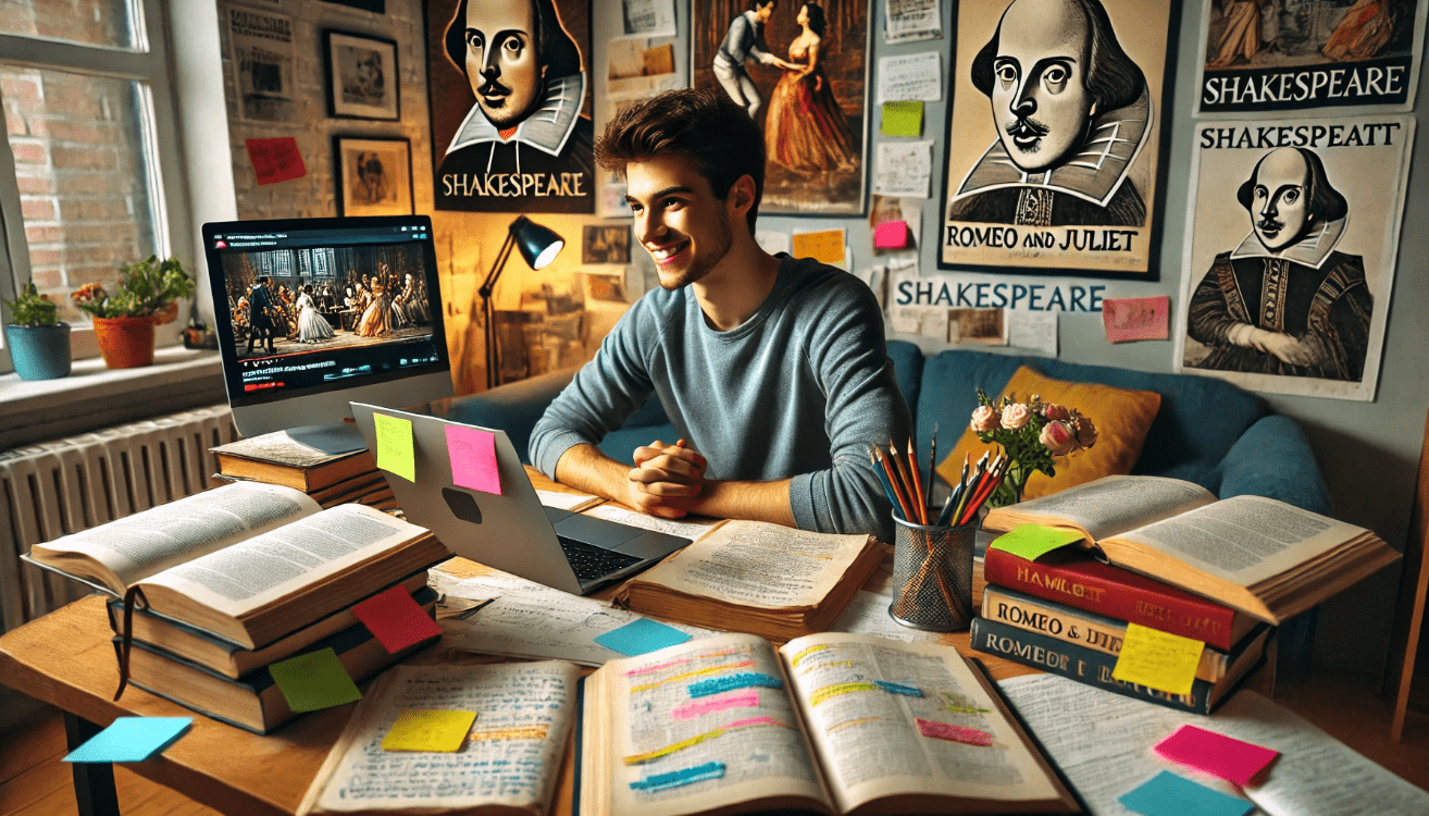 A modern student sits at a cluttered desk filled with Shakespeare books, handwritten notes, and a laptop playing a video performance