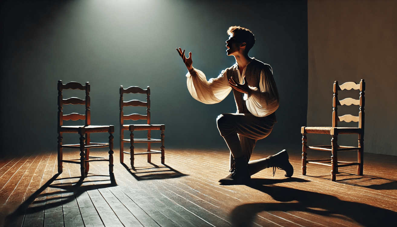 A young theater actor stands mid-gesture on a small rehearsal stage, passionately delivering a Shakespearean soliloquy