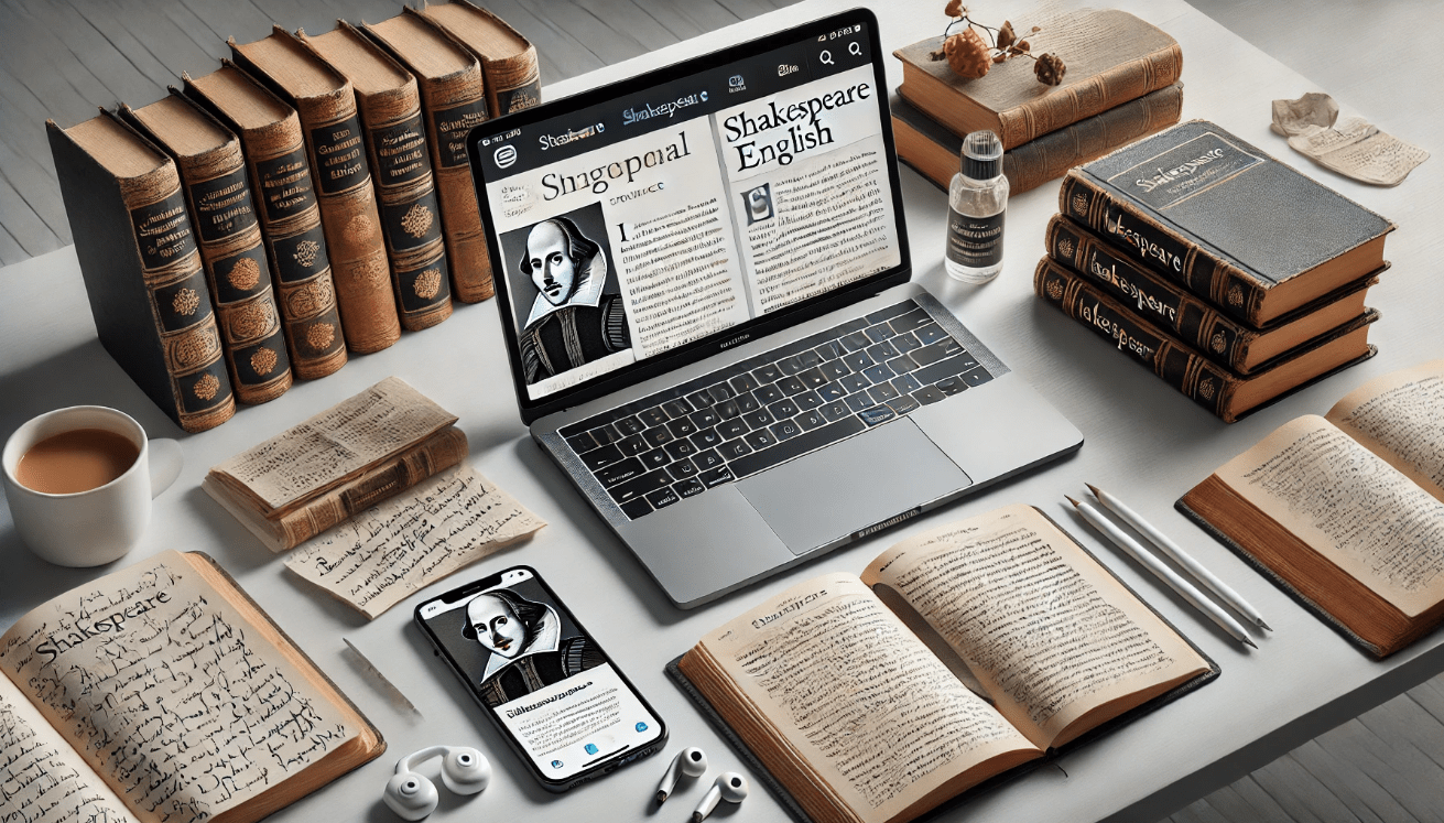 A modern, organized digital workspace on a sleek desk. An open laptop displays an online Shakespeare resource with side-by-side original and modern English text