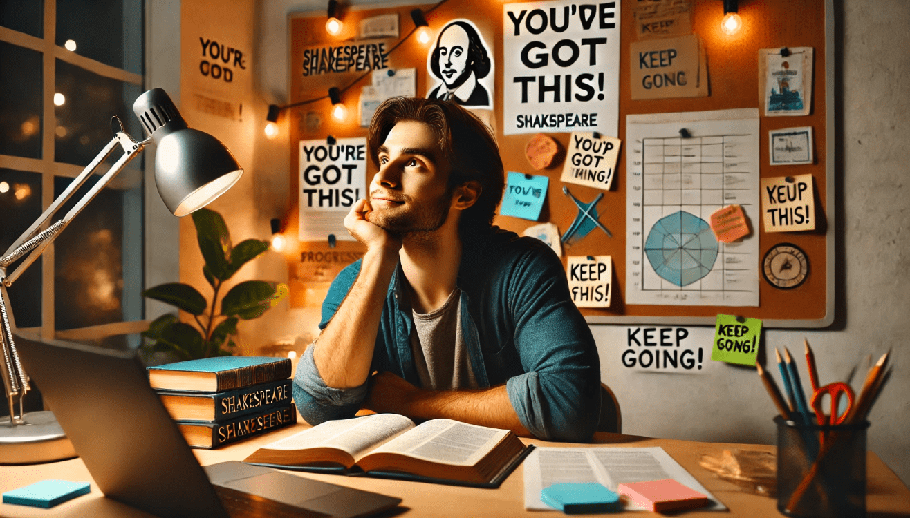 A hopeful and determined student sits at a modern study desk filled with open Shakespeare books, scattered handwritten notes, and a laptop