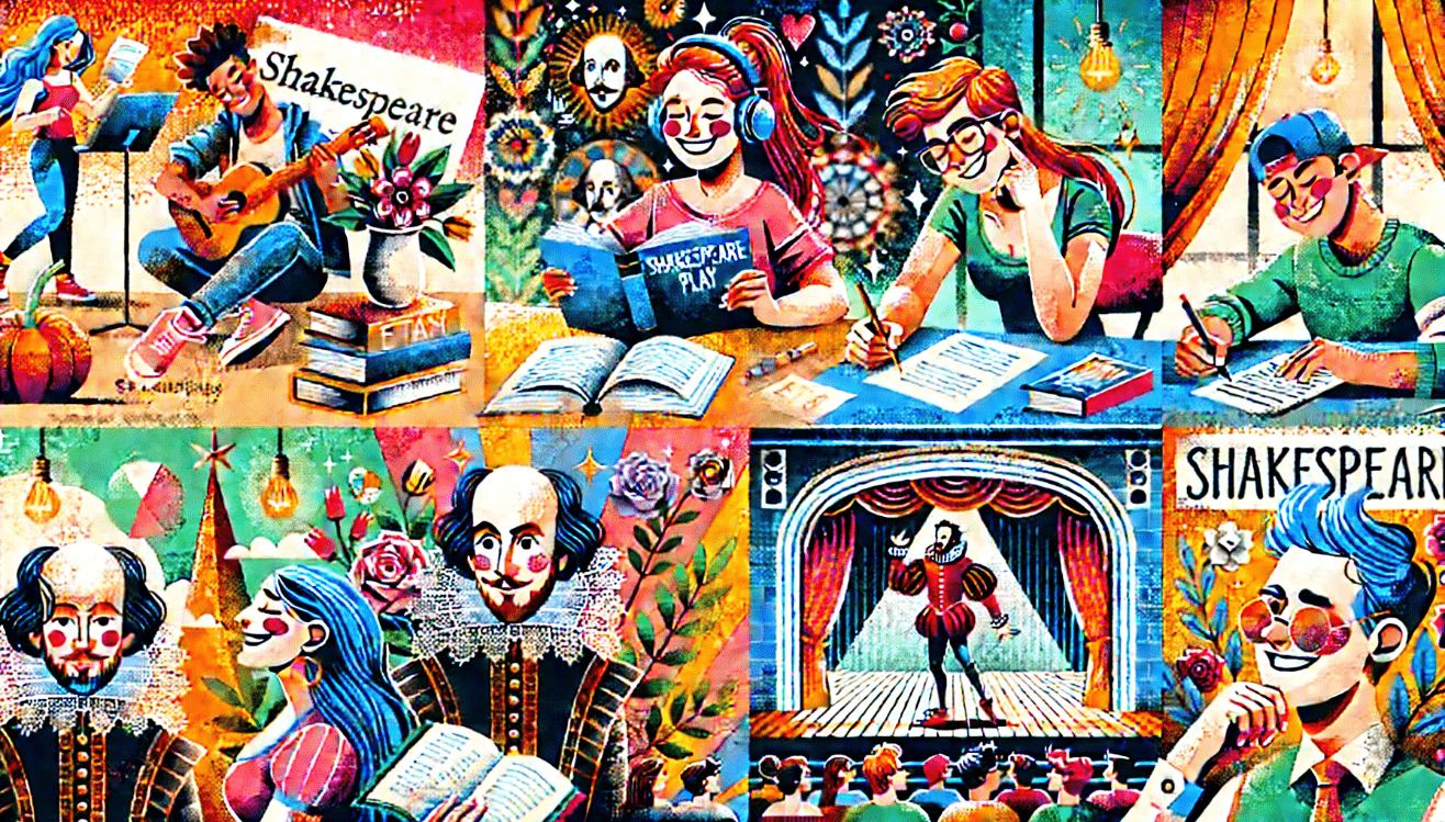  The first scene depicts a smiling student reading a Shakespeare play