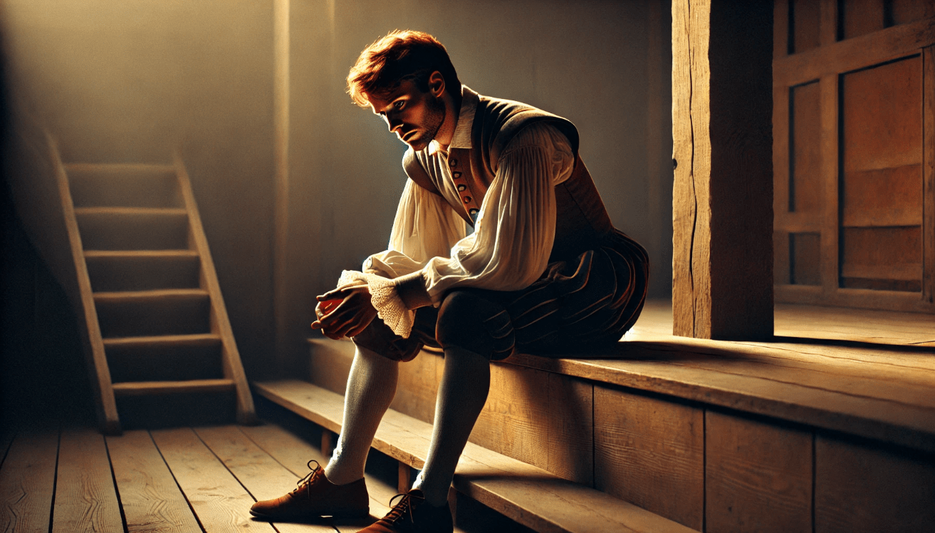 A lone male actor dressed in Elizabethan-era clothing—doublet and hose—sits on the edge of a simple wooden stage