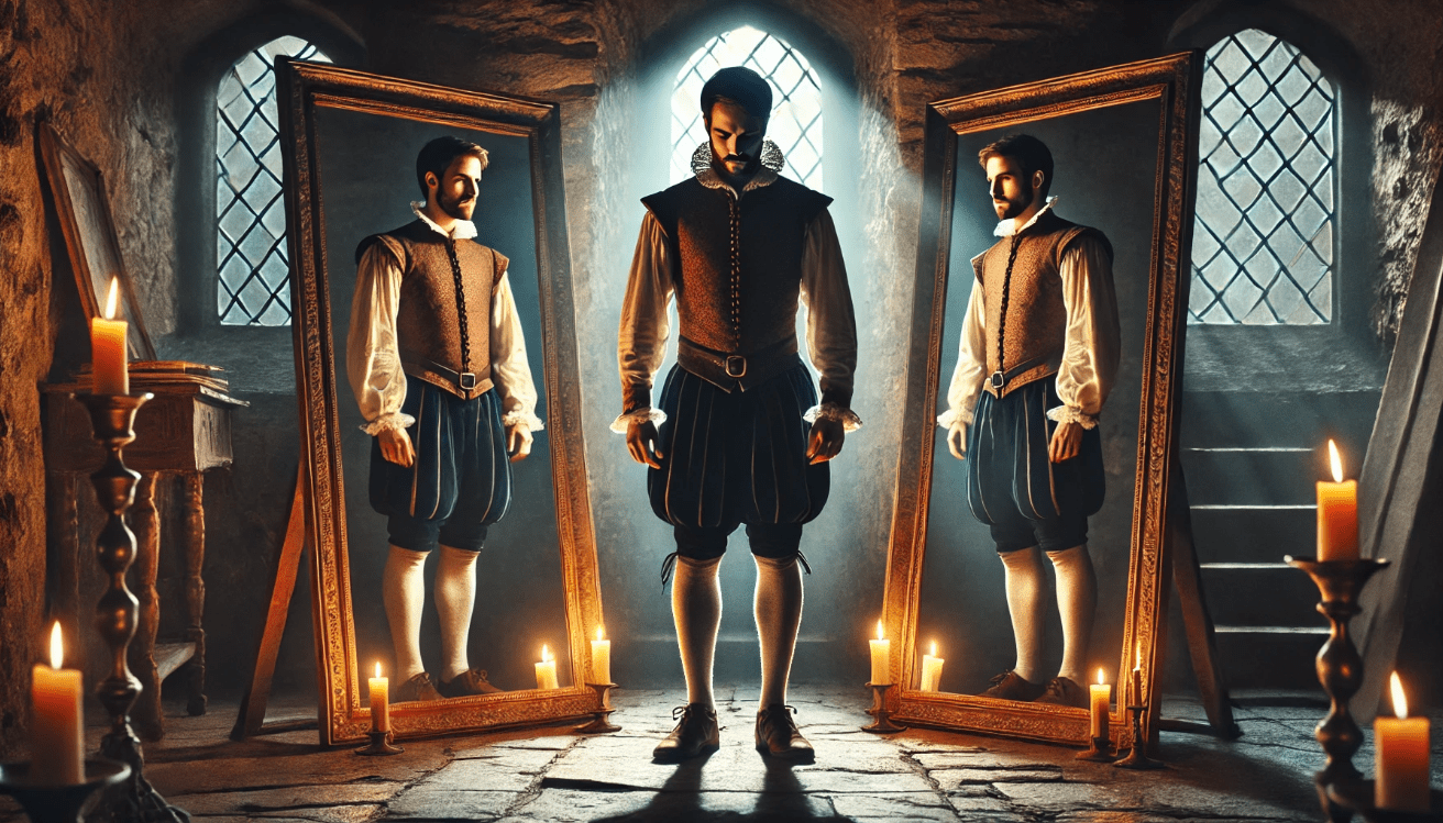 A man in Elizabethan attire stands tensely between two tall mirrors in a dimly lit stone chamber