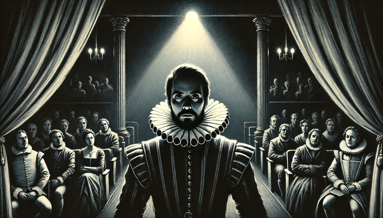 A dramatic digital illustration of a Shakespearean actor on stage in mid-performance, facing directly toward the audience with an intense, knowing gaze