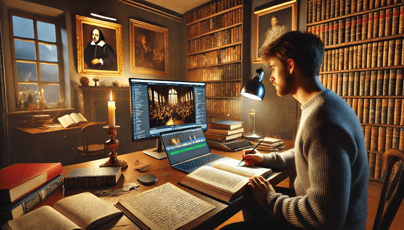 An inviting, scholarly scene showing a modern student at a desk surrounded by study materials.