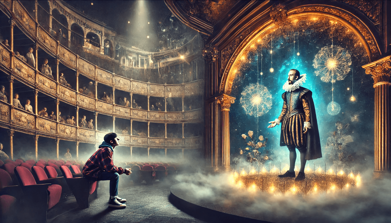 A surreal theatre scene where a modern-day young person in casual clothes sits alone in a dim audience, gazing at a ghostly figure of Hamlet on stage