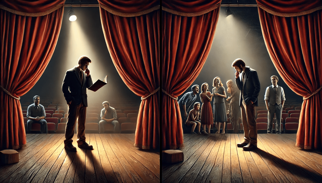 Split-panel theatrical scene. Left side: A lone actor stands on a dimly lit wooden stage under a spotlight, delivering a soliloquy with a serious, reflective expression