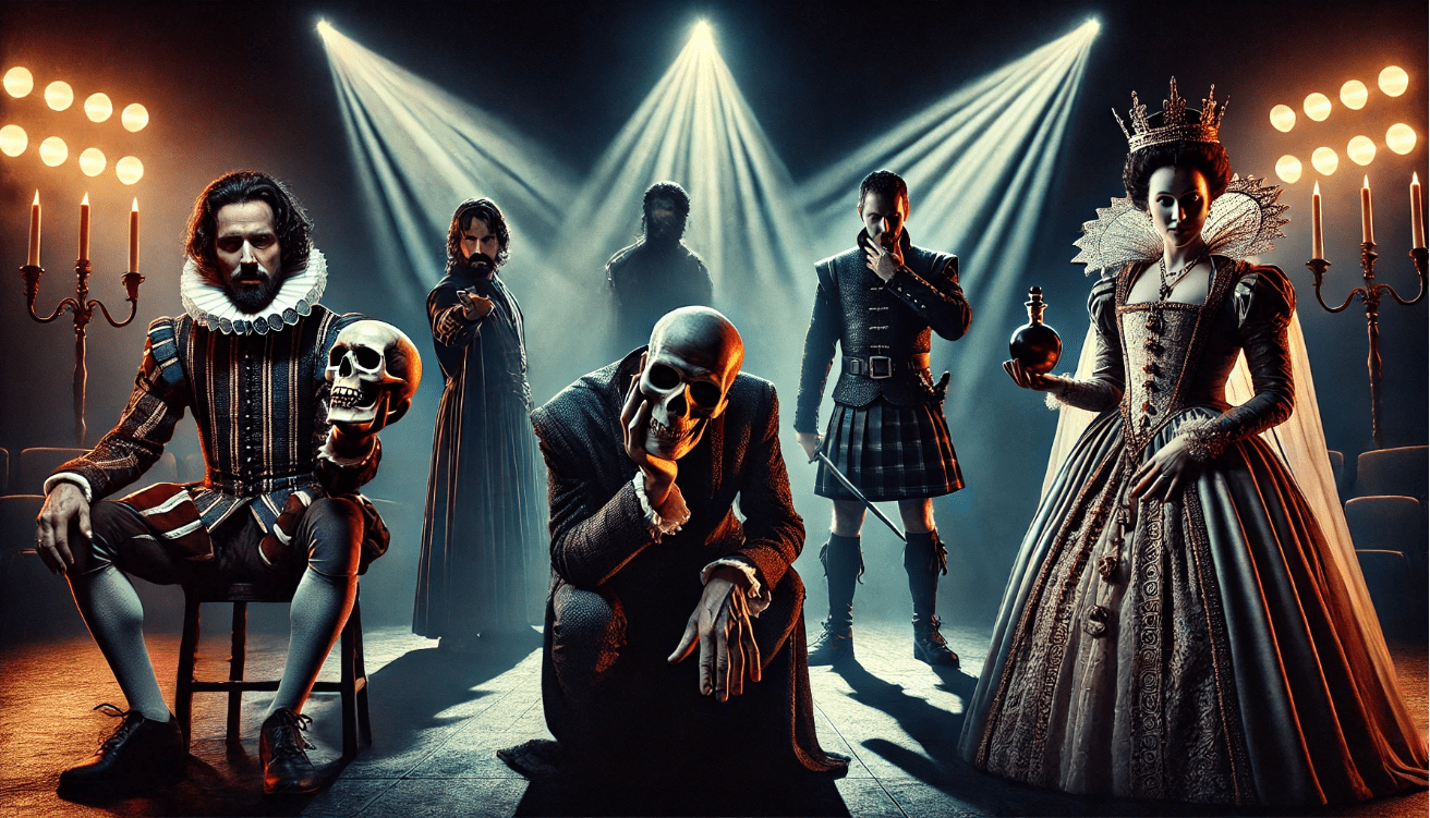 A theatrical collage featuring five iconic Shakespearean moments on a dimly lit stage with dramatic spotlighting.