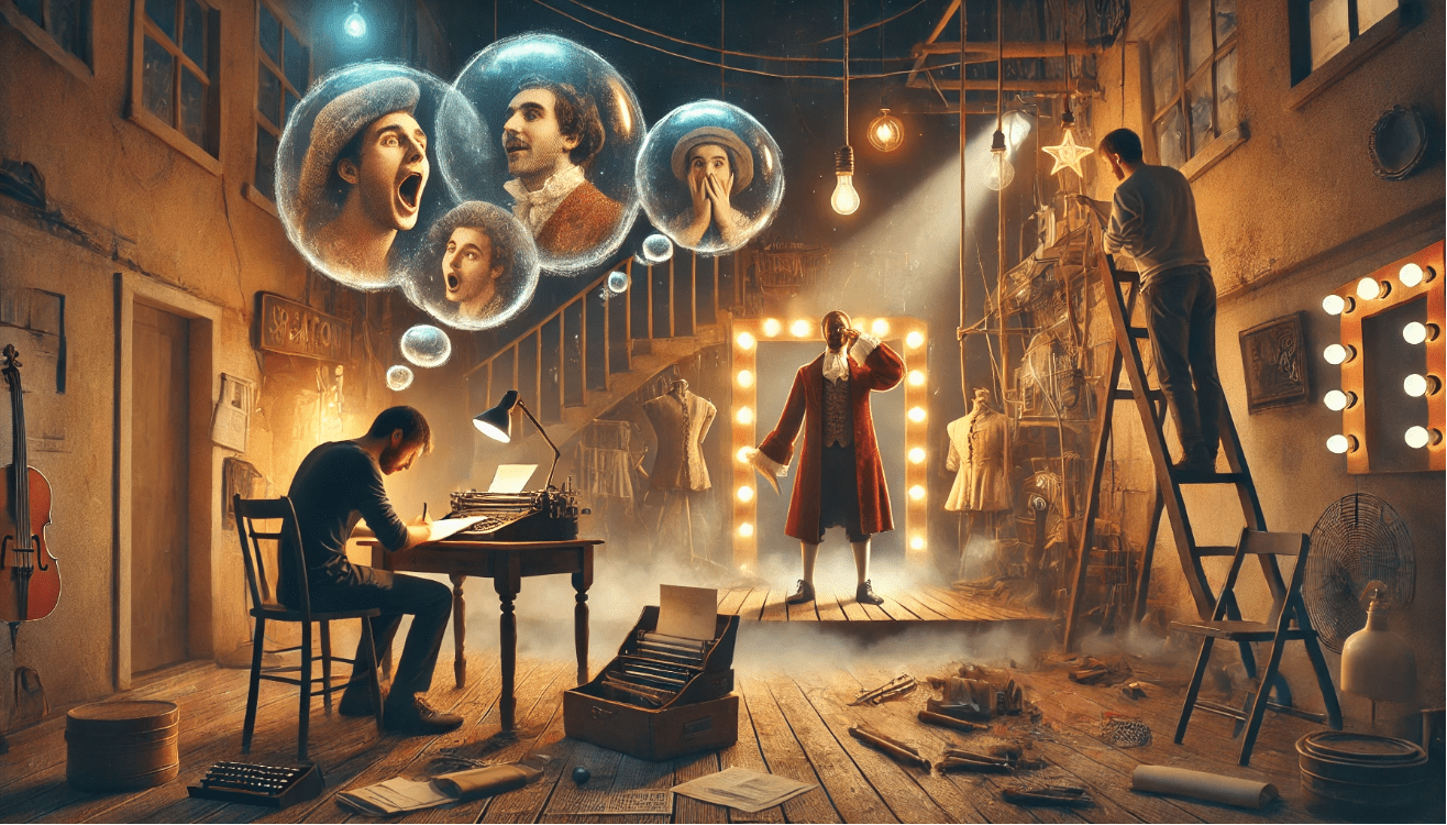 On the left, a playwright writes intensely at a cluttered wooden desk under warm lamplight. In the center, an actor stands before a mirror, partially in costume, passionately rehearsing a soliloqu