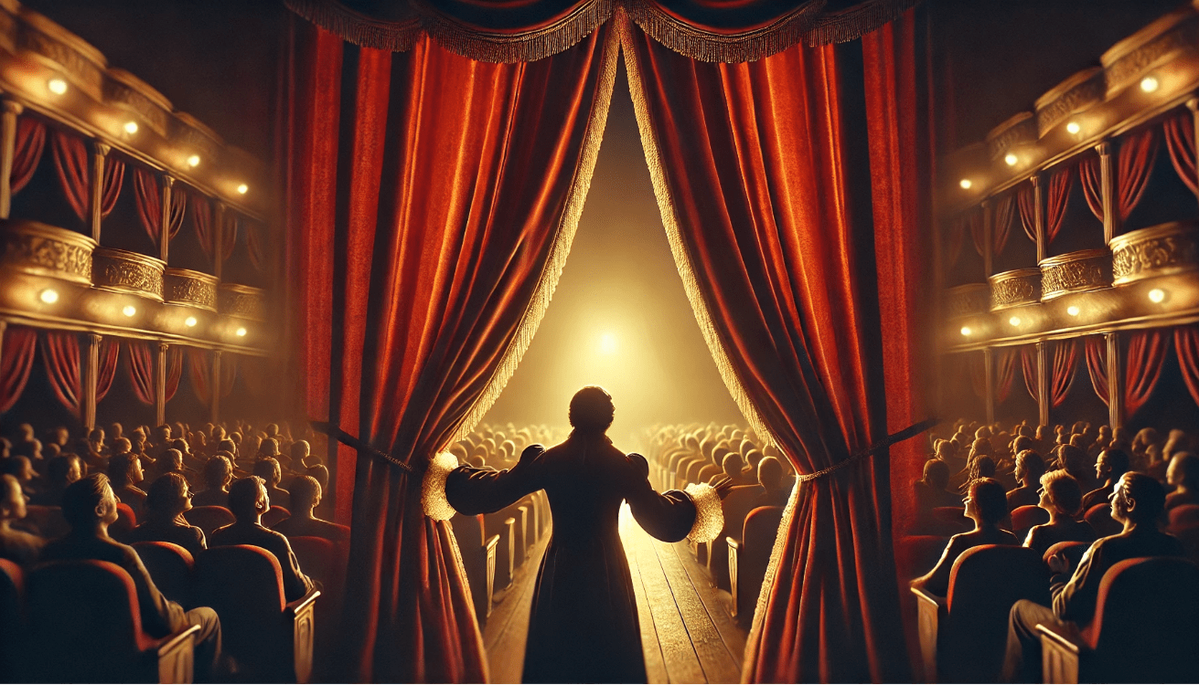 A theater actor in elegant, timeless costume gently pulls back a rich red velvet curtain.