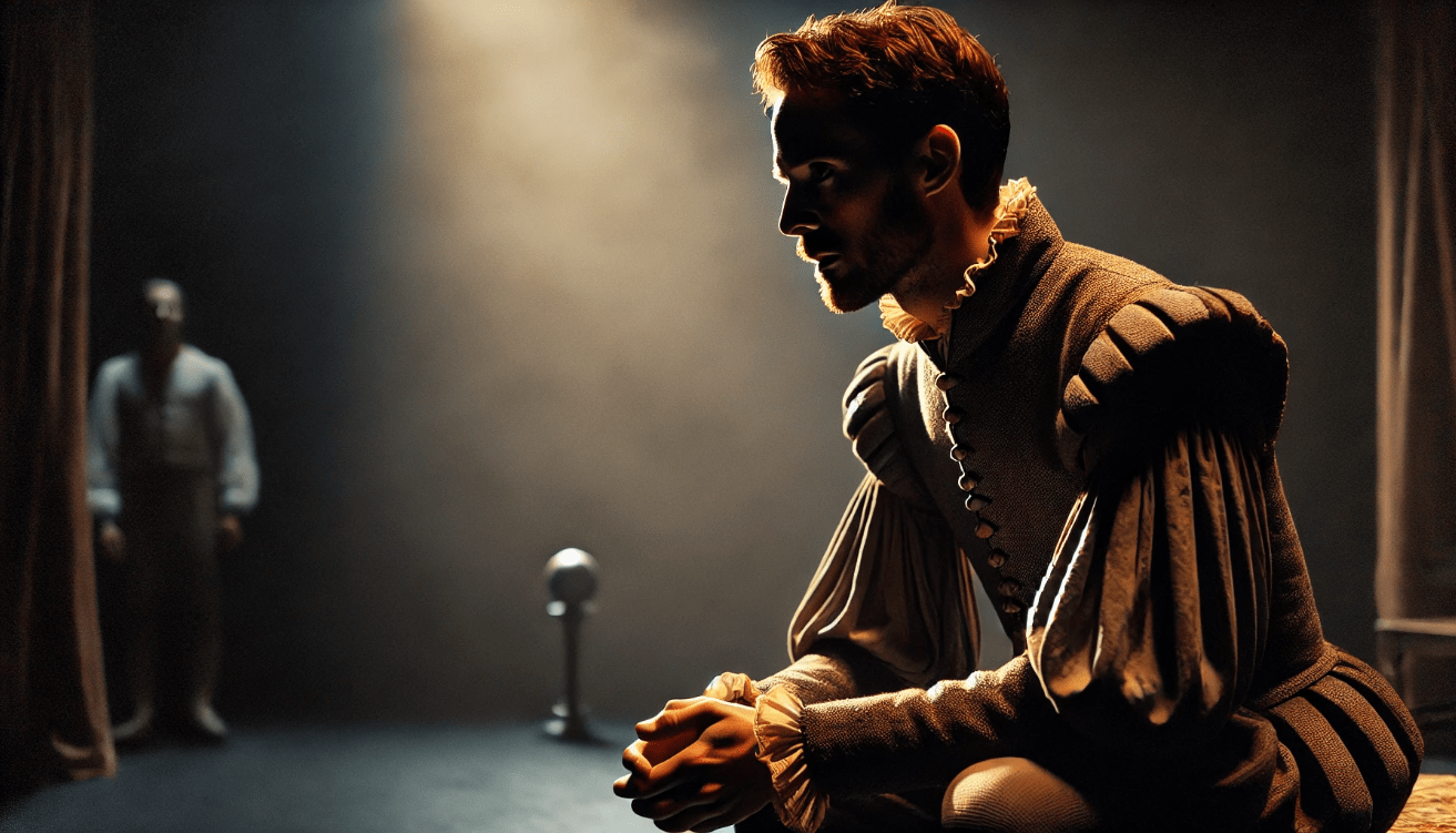 Shakespearean actor delivering a soliloquy on stage, capturing emotional conflict and tension.