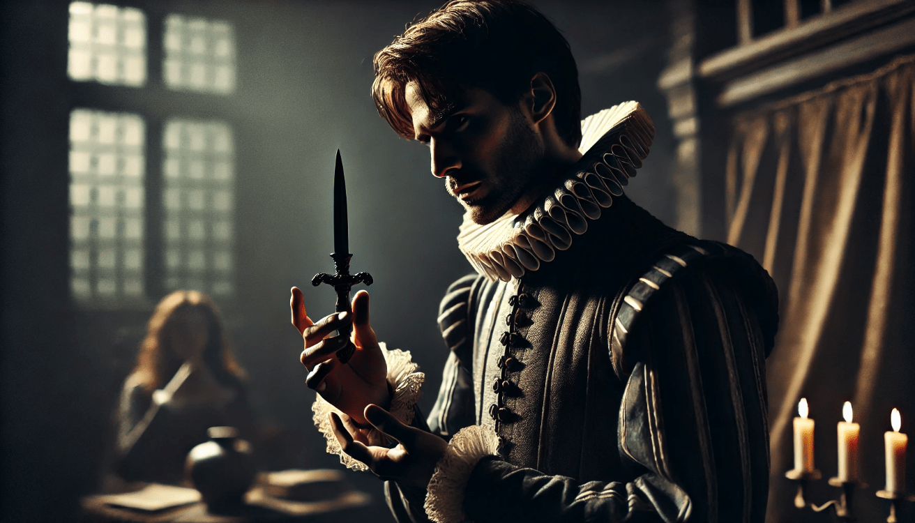 Shakespearean character at a pivotal moment, delivering a soliloquy that drives the plot forward.