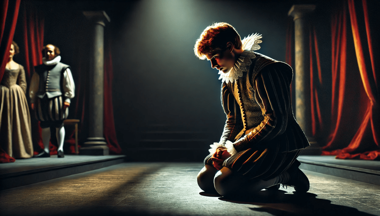 A Shakespearean character absorbed in emotional turmoil on a dimly lit stage, reflecting vulnerability and inner struggle in a soliloquy.