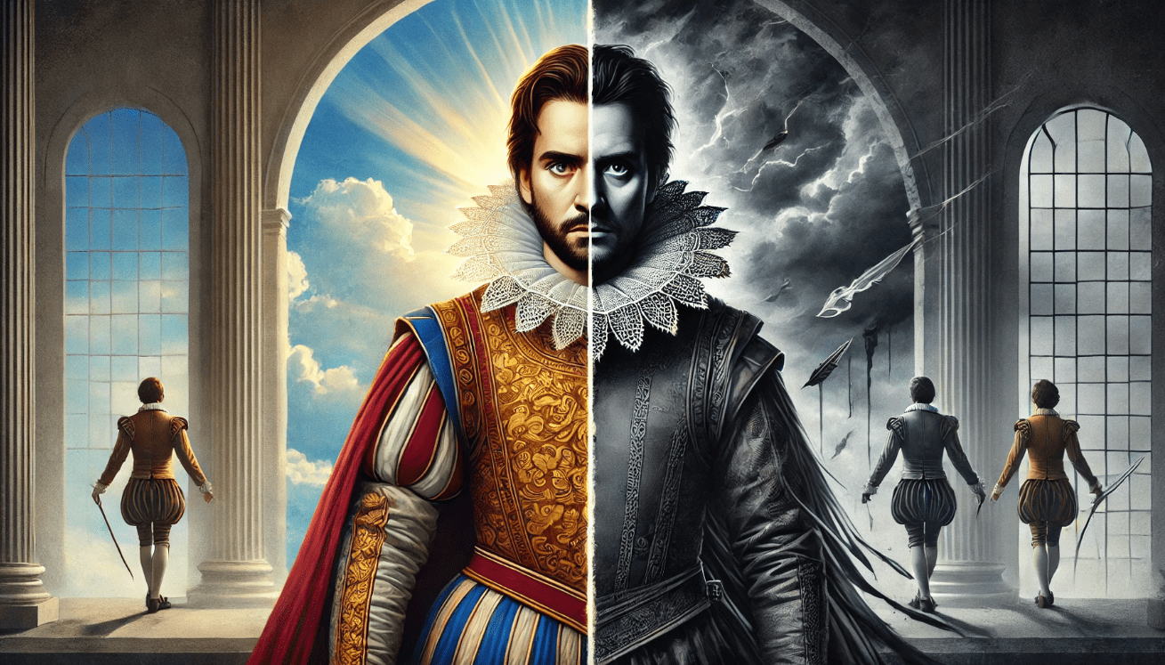 Split image of a Shakespearean character, half in royal costume and confident, the other half in shadow, symbolizing inner conflict and emotional complexity.