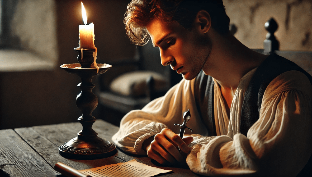 Shakespearean character deep in thought in a medieval chamber, holding a scroll or dagger, symbolizing inner conflict and vulnerability