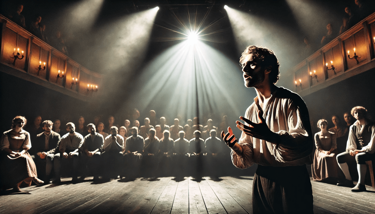 Shakespearean soliloquy scene capturing audience connection and dramatic tension