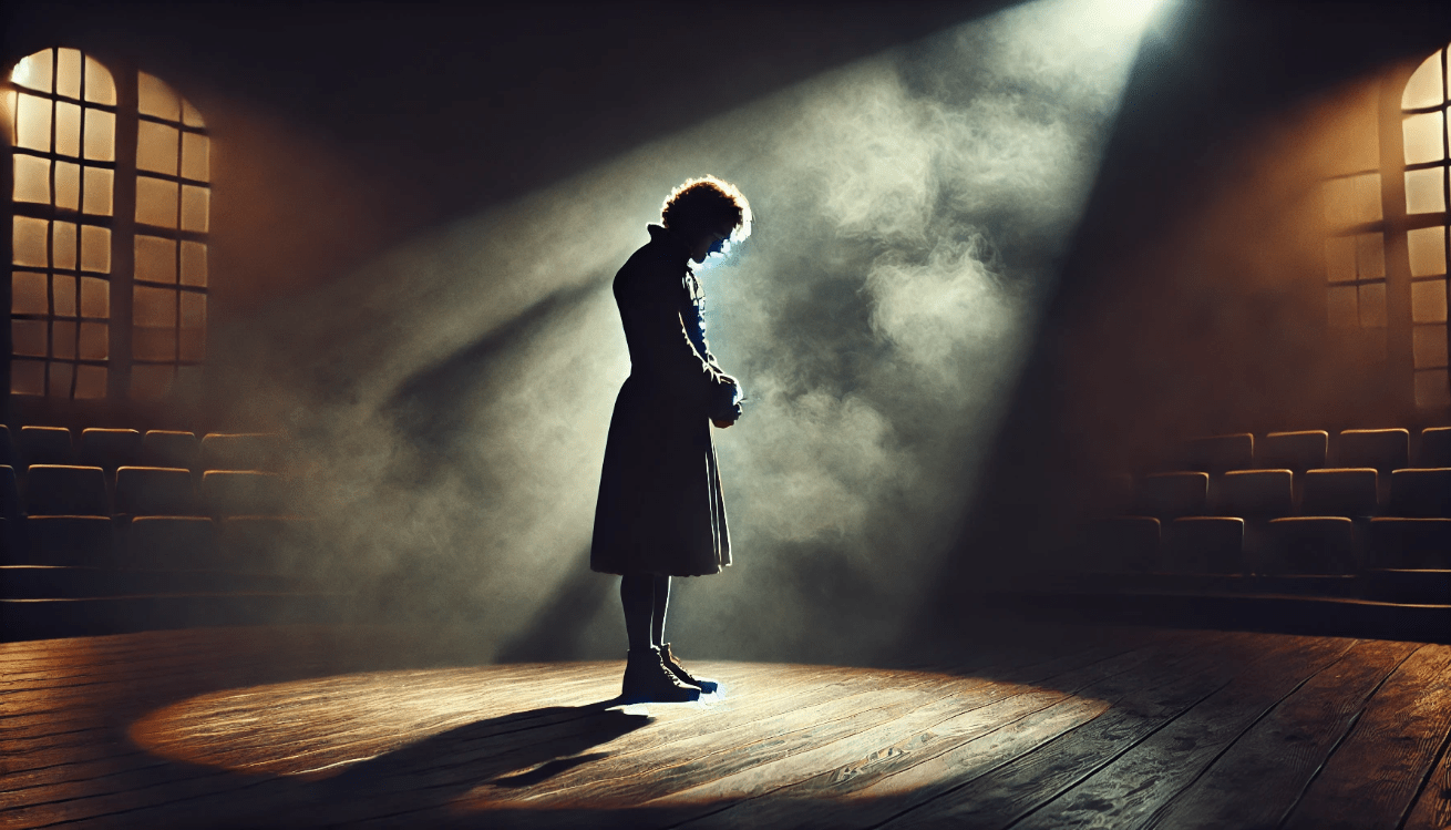 Shakespearean character delivering a soliloquy on stage, symbolizing inner conflict and introspection.