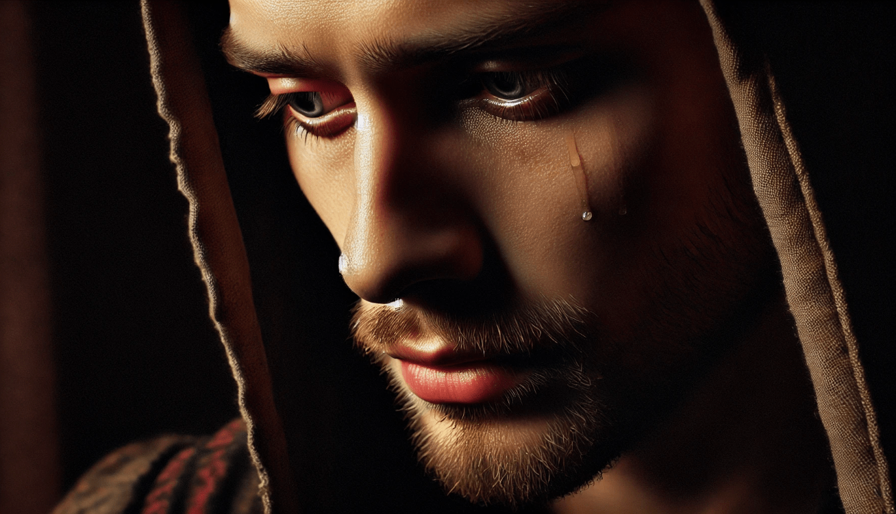 Close-up of a Shakespearean character showing deep emotional conflict, highlighting character development through soliloquies.