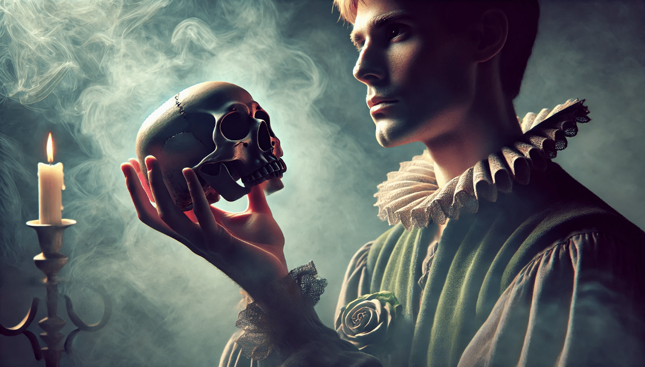 Hamlet holding a skull during his iconic soliloquy, symbolizing existential themes in Shakespeare’s works