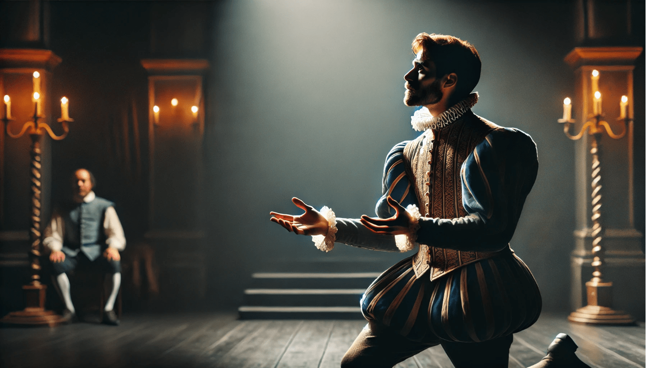 Actor performing a Shakespearean soliloquy on stage, dressed in traditional Elizabethan attire, with dramatic lighting and a dark background.