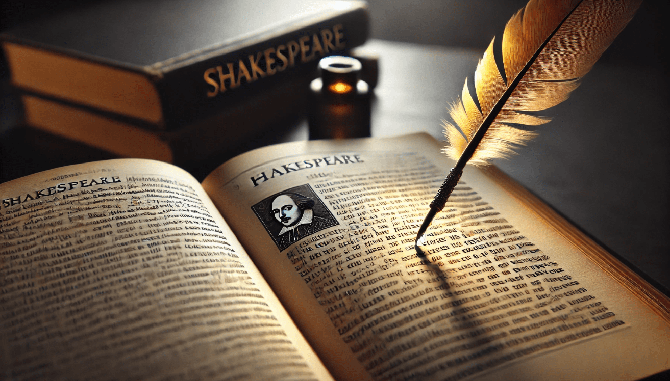 Close-up of a quill over an open book of Shakespeare’s works, with a highlighted passage from Hamlet, symbolizing deep analysis and reflection.